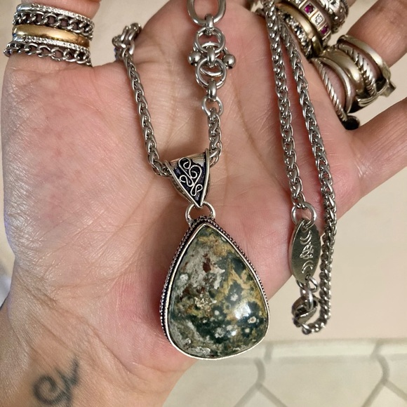 925 sterling overlay ocean moss agate jasper stone charm chain boho necklace - Picture 14 of 16